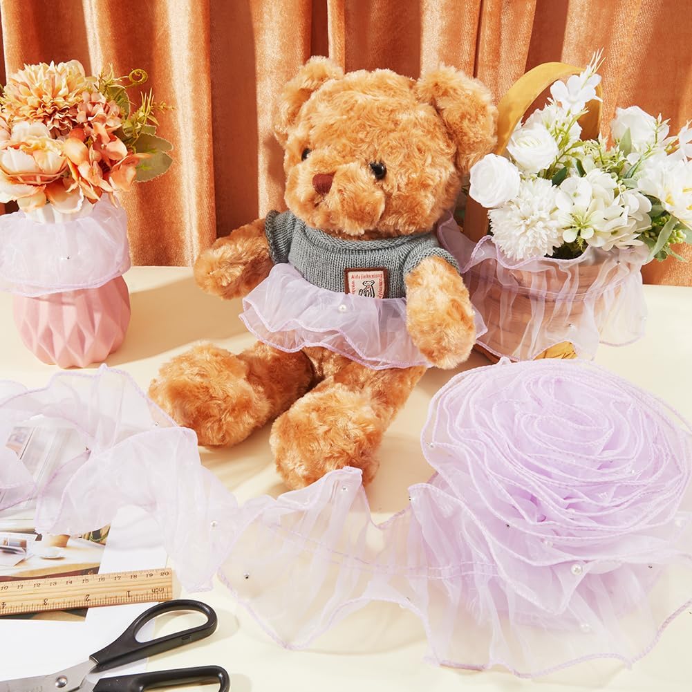 GORGECRAFT 5 Yards Pleated Lace Fabric Trim Organza Ruffled Fabric Chiffon Tulle Ruffle Lace Edge Border 4.72 Inch Width Plum Retro Trimming Pearl Beads Applique for Sewing Costume DIY Crafts Decor