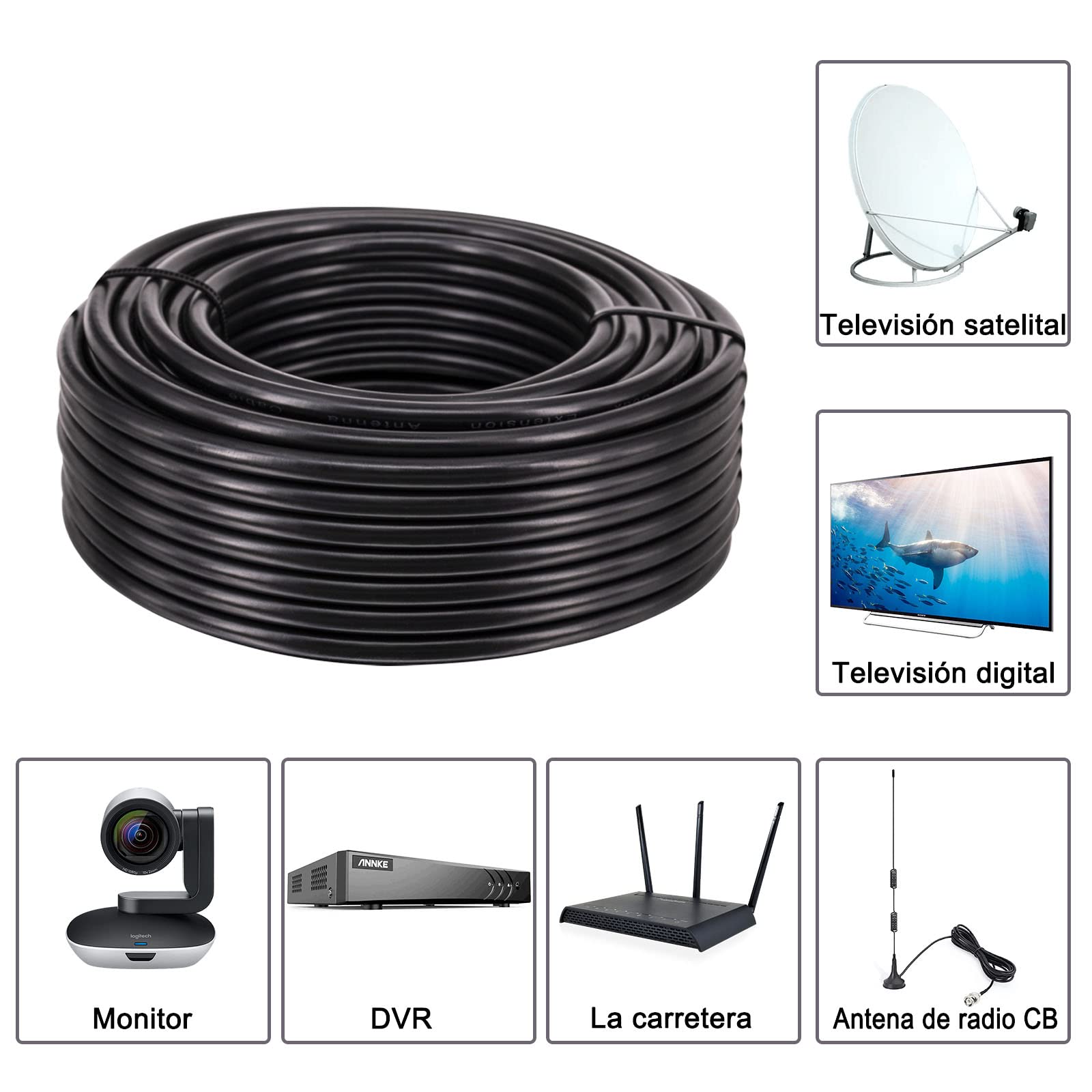 RG58 15 Metros Cable Coaxial RG58 50 Ohm Antena WiFi Baja Pérdida, para Walkie Talkie/Radio, con Conectores BNC/SMA/UHF