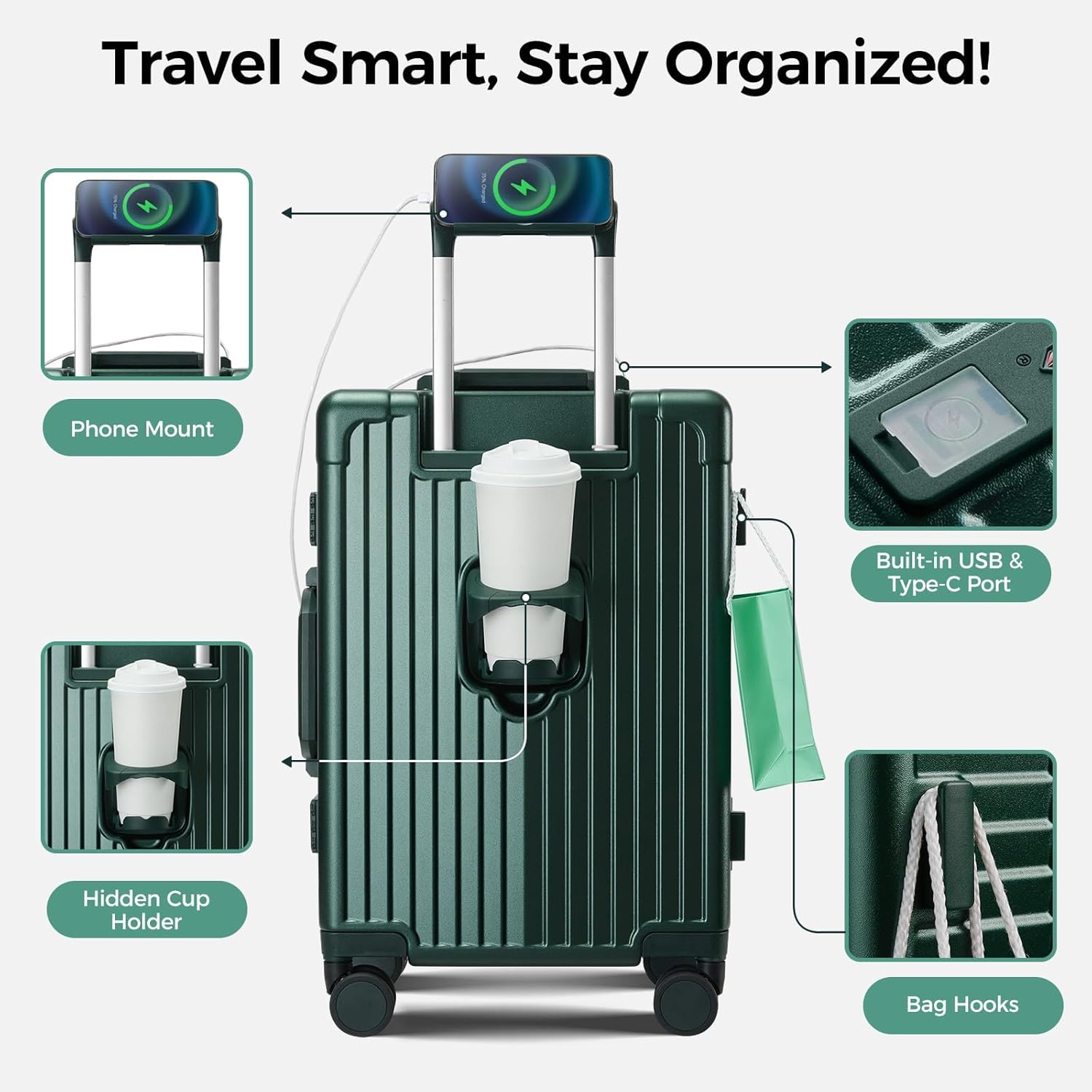Carry on Luggage Aluminium Frame with Cup Holder,Top opening Suitcases and USB Charging Port,Lightweight with Front Pocket Rolling Suitcases with Spinner Wheels (Dark Green, 20Inch)
