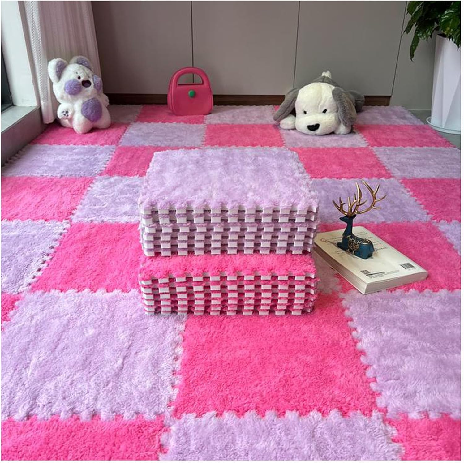 LoiYtrd Interlocking Carpet Tiles Soft EVA Foam Mats 10pcs 30x30x1cm Thickend Plush Puzzle Play Mat(Rose Red+Purple)