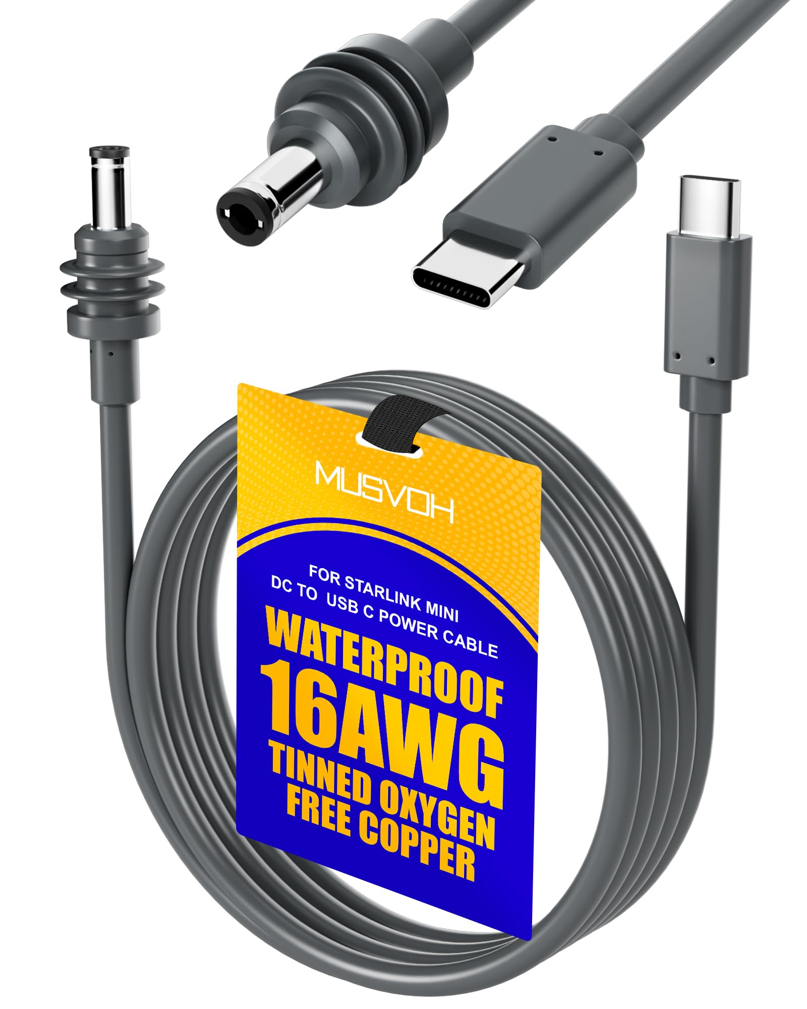 MUSVOH for Starlink Mini Cable USB C to DC Power Cords 11FT/3.3M, Type C to DC for Starlink Mini Cords Adapter with Tinned Oxygen-Free Copper OFC 16AWG Waterproof Outdoor
