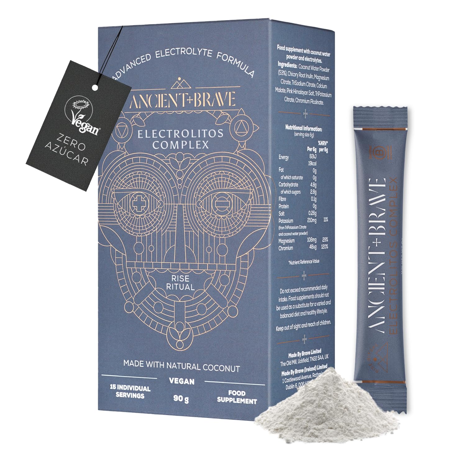 Ancient + Brave | Electrolitos en Polvo - 15 Sobres x 6g | Electrolitos sin Azucar con Minerales, Magnesio, Potasio y Cromo | Hidratación Matutina, Recuperación Post-Entrenamiento - Electrolytes 90g
