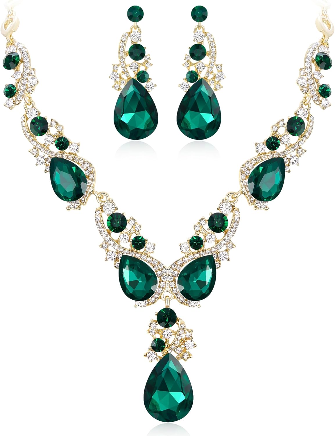 BriLove Women's Wedding Bridal Crystal Multi Teardrop Cluster Statement Necklace Dangle Earrings Set