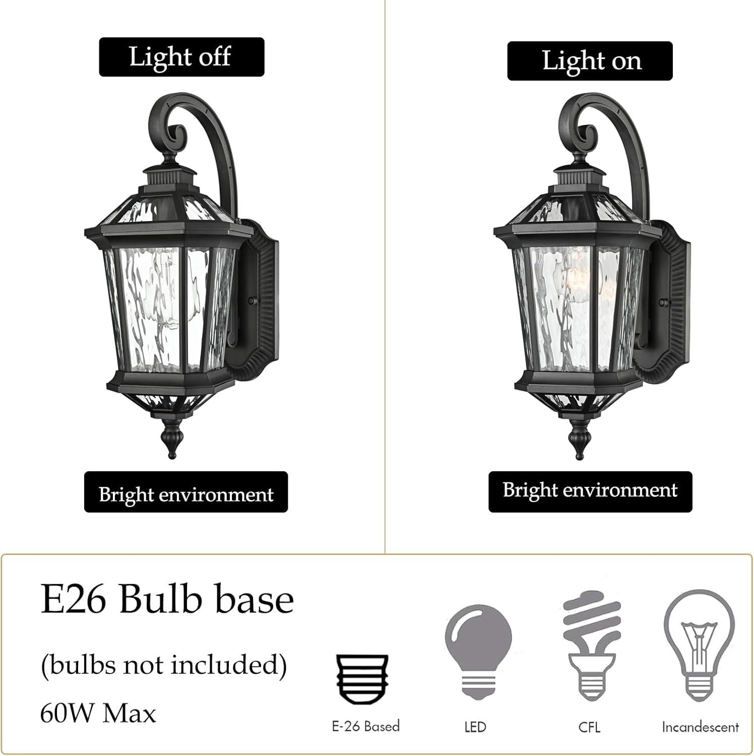 DANSEER Black Outdoor Porch Lights Wall Mount, Outdoor Wall Sconces Exterior Light Fixtures with Water Ripple Glass, Waterproof Outside Lights for Front Porch Patio Yard Hallway Garage