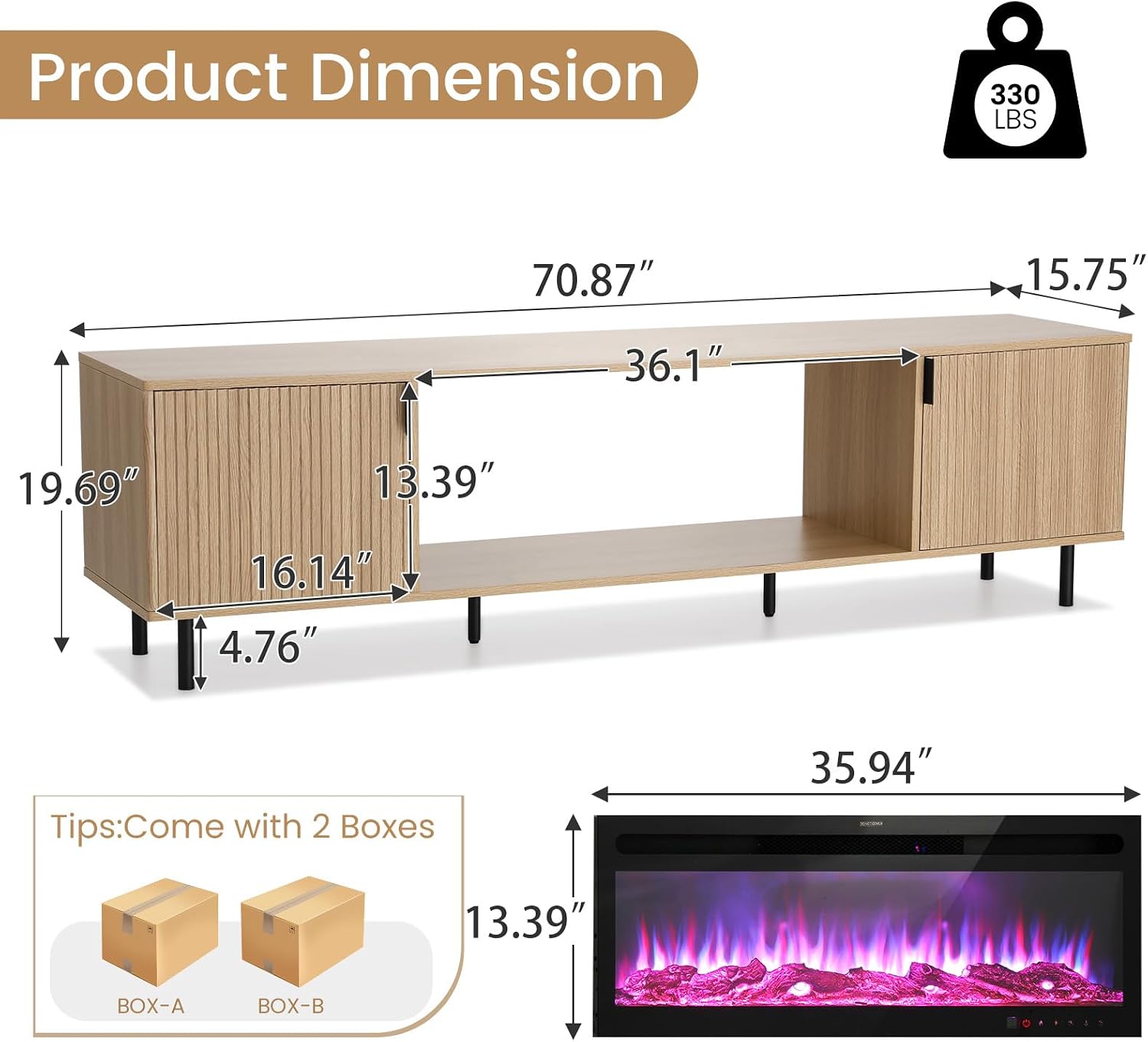 EROMMY 70" Fluted Fireplace TV Stand, Modern Entertainment Center with 36" Electric Fireplace, Media Console with Wood Grain Veneer Top for TVs Up to 80", Metal-legged Console for Living Room, Natural
