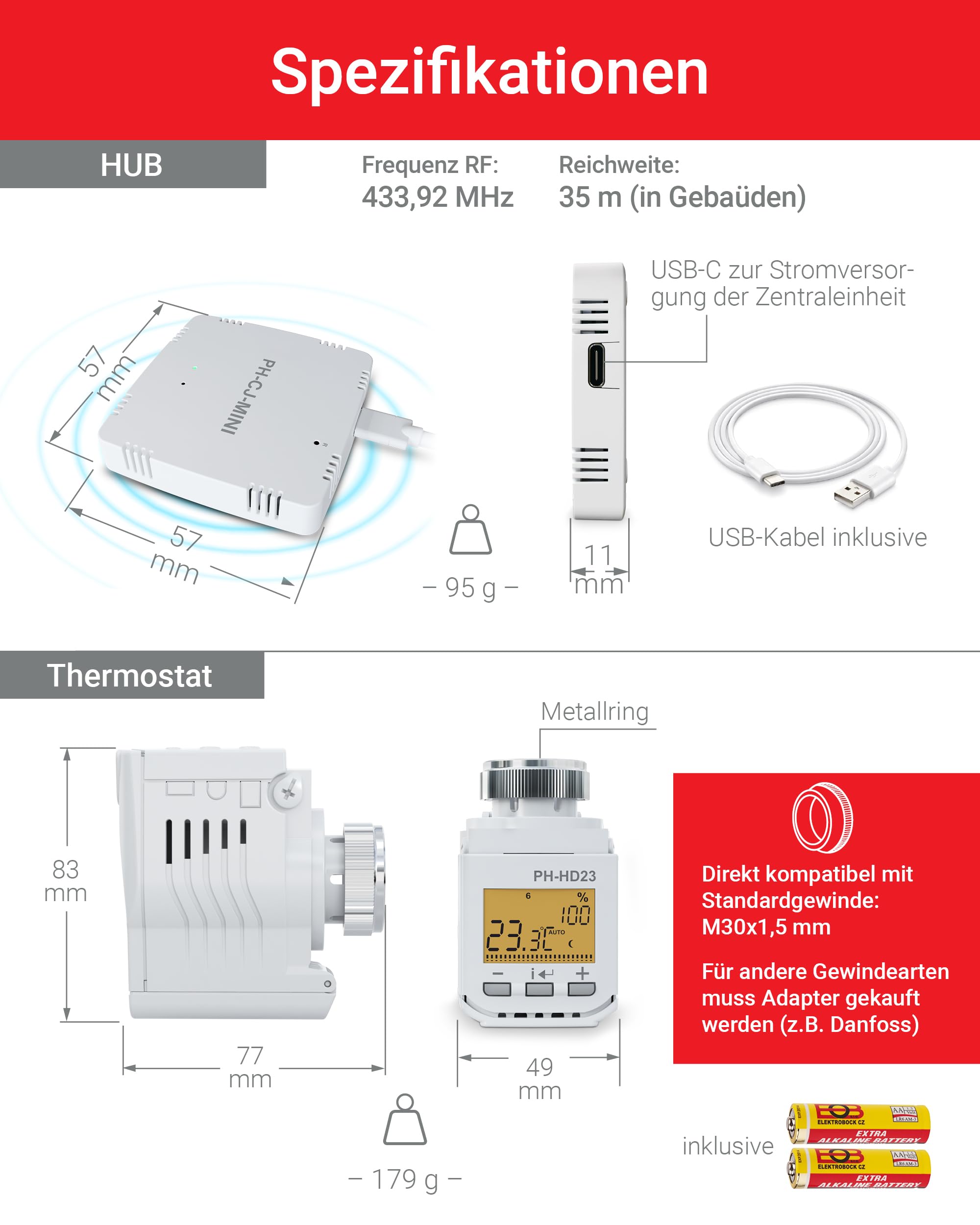 ELEKTROBOCK PH-Starter Pack 2 - Heizungssteuerung per App - 3 Heizkörperthermostate mit Gateway und Display - Smart Home - Boost-Funktion - Einfache Installation, Weiß