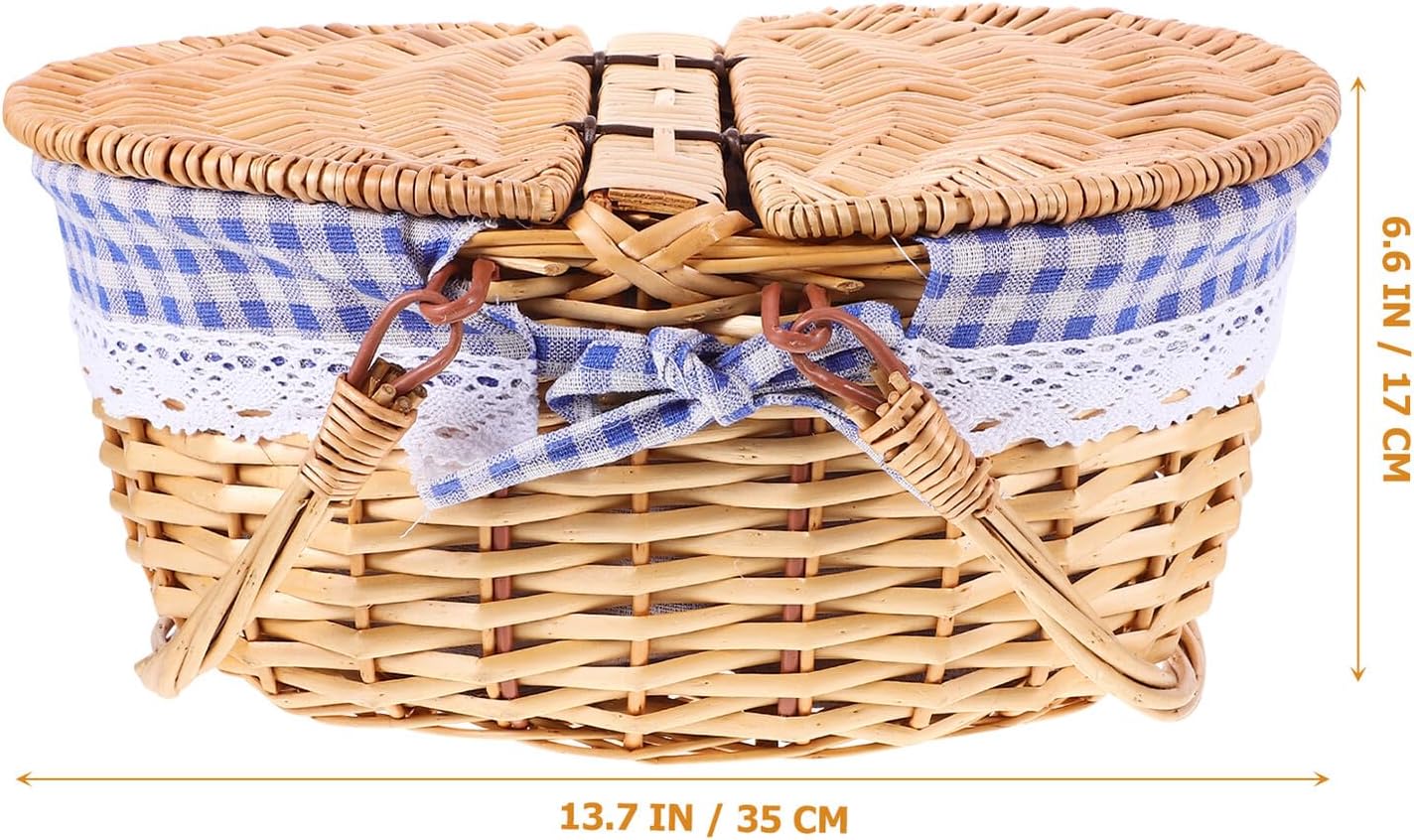 Wicker Picnic Basket with Lid and Handle Small Blue Plaid Lined Storage Basket 35x25x17cm for Outdoor and Kitchen Use