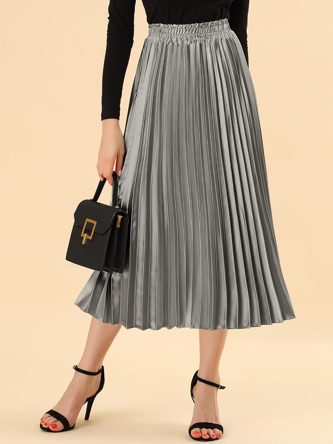 Allegra K Women Pleated Skirt Midi Length Elastic High Waisted A Line Swing Flare Metallic Shirring Party Valentines Skirts