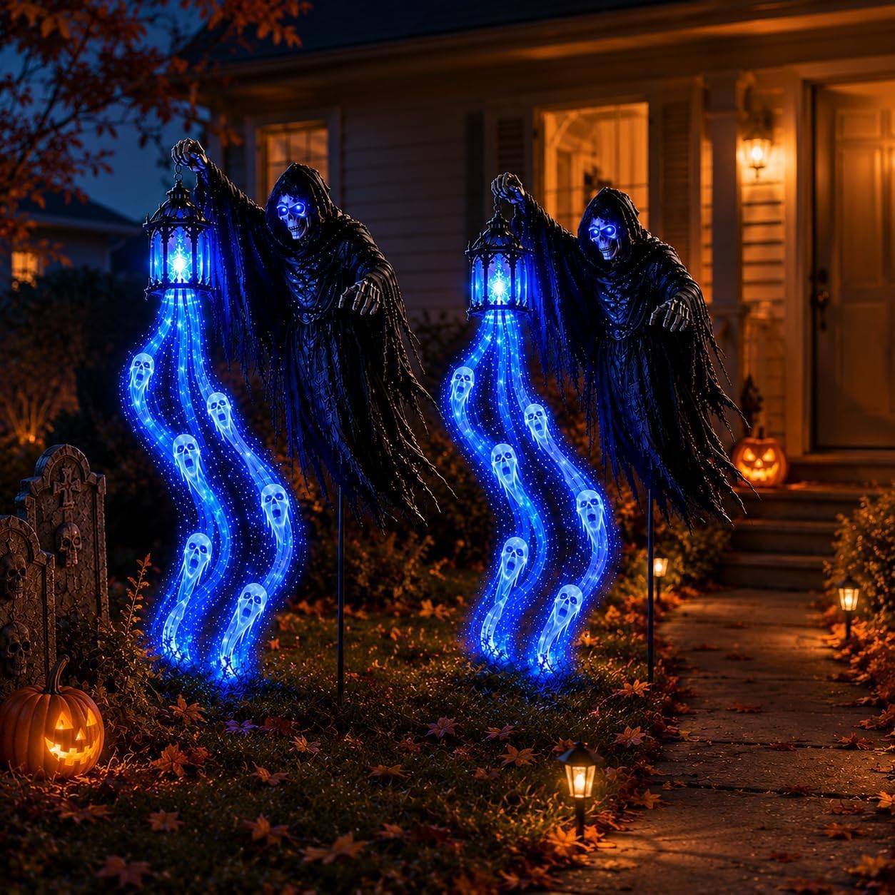 Soul Harvester Solar Yard Stake Light, Animated Blue Ghost Halloween Decor