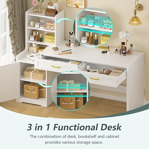 Miniatura 3 de Escritorio de 60" para computadora con cajones y estanterías, escritorio para oficina en casa con gabinete de almacenamiento y amplio escritorio,