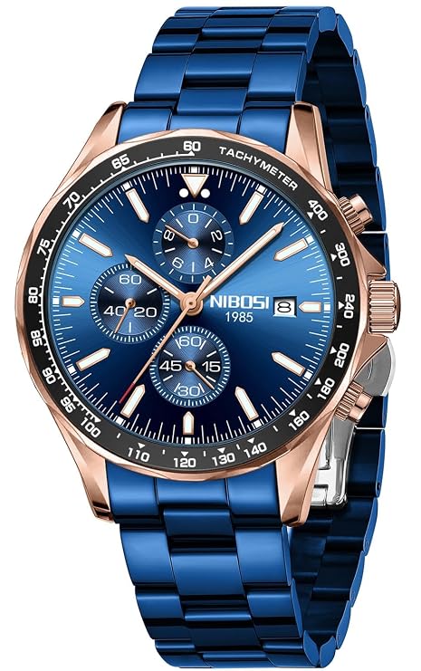 NIBOSI Men's Luxury Chronograph Waterproof Military Quartz Wristwatch - Stainless Steel Band - Birthday or Rakhi Gift