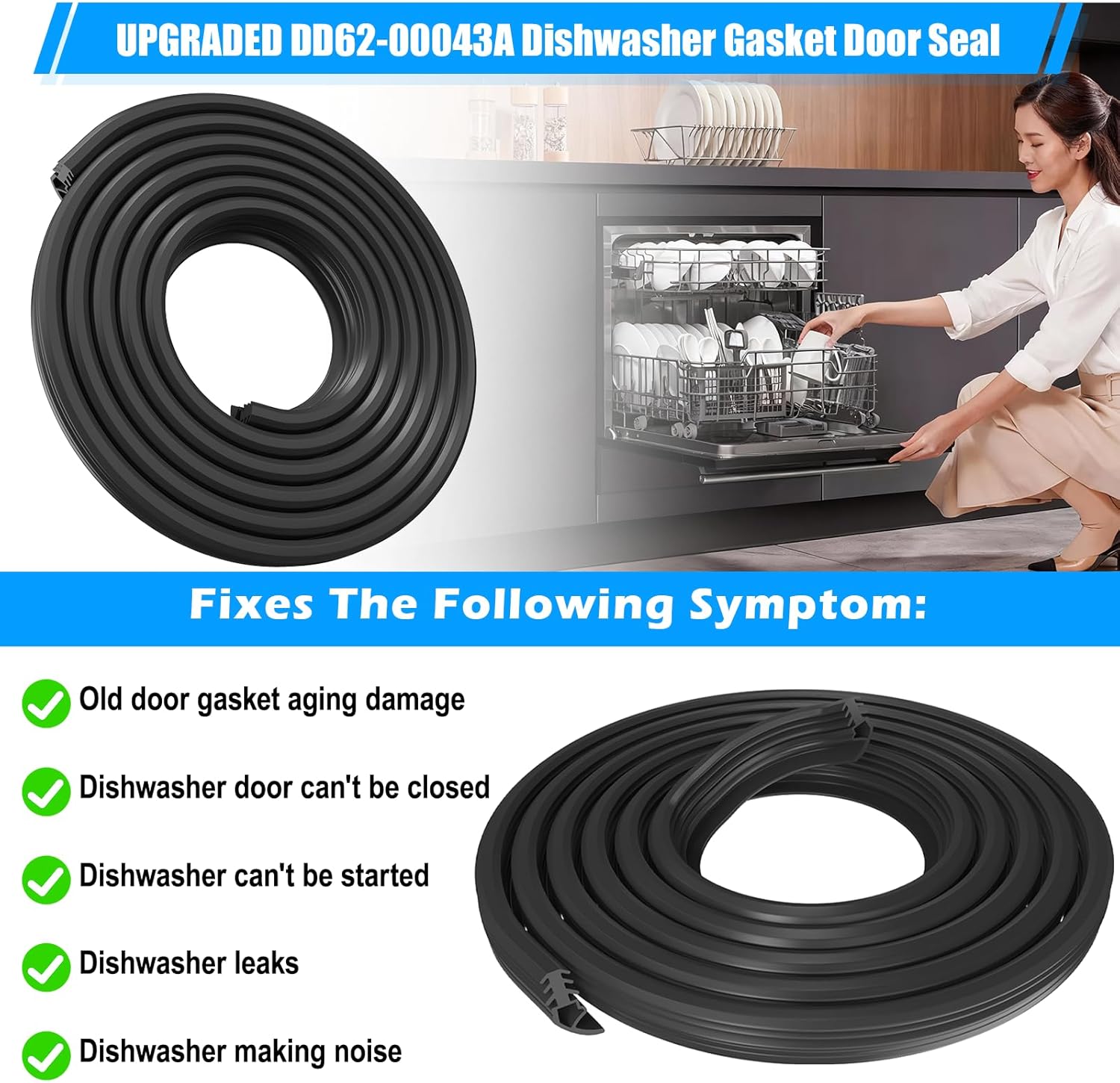 UPGRADED DD62-00043A Dishwasher Gasket Door Seal Compatible with Samsung Dishwasher Parts DW80F600UTS DW80R5061UG DW80R5060US DW80J3020US,DD62-00043A for Samsung Dishwasher Tub Gasket Front Door Seal