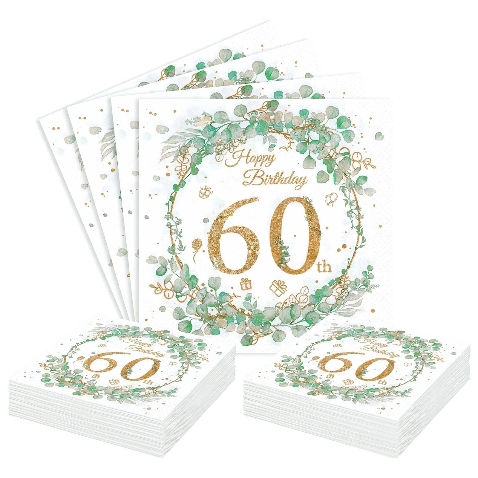 60th Birthday Paper Napkins, 40Pcs Sage Green 60th Birthday Decorations, 2-ply Disposable Eucalyptus Wreath 33x33cm Party Serviettes Napkins for Women Her Party Decorations