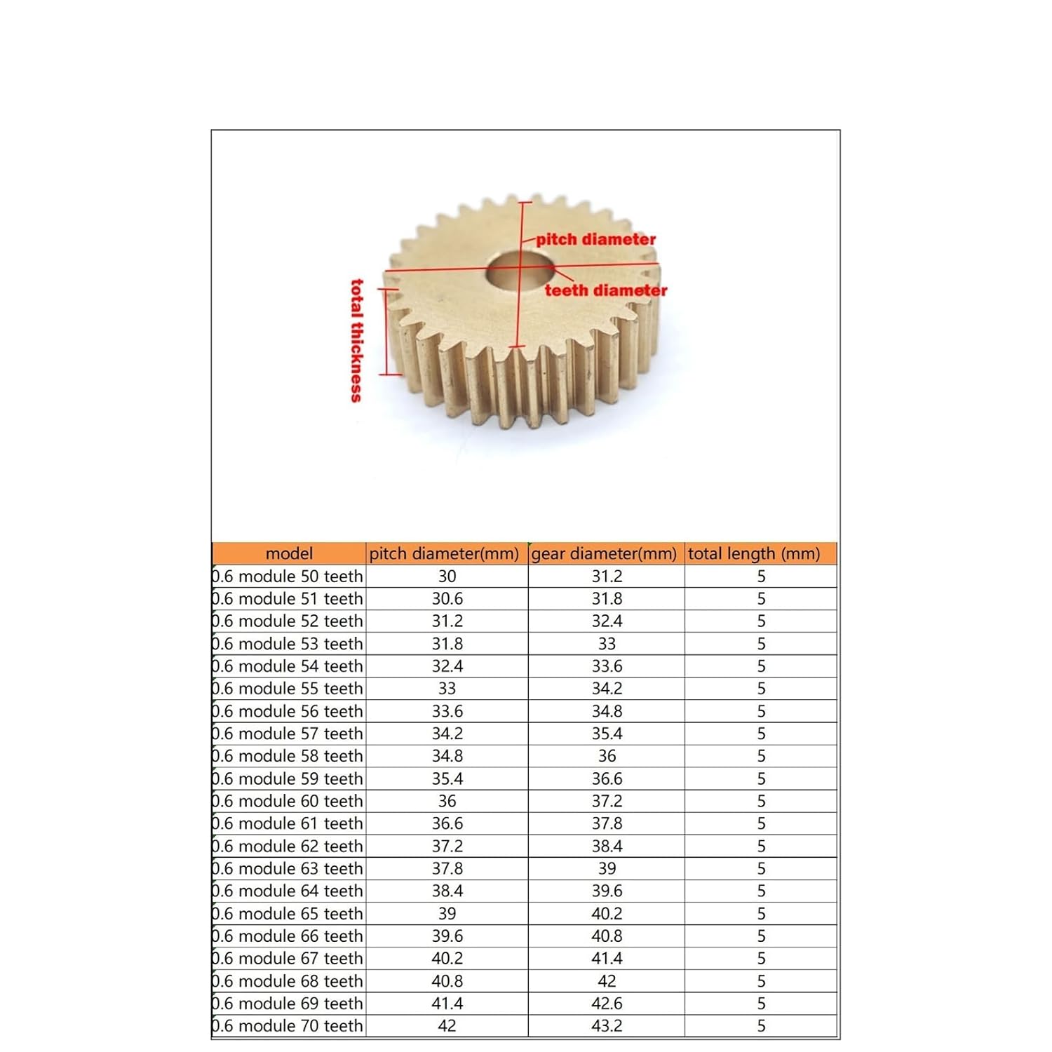 0.6M 70T Brass Spur Gear 0.6 Module 70 Teeth Pinion 43.2mm Diameter 5mm Thickness Straight Teeth Flat Cylindrical Gear Mechanical(11mm bore)