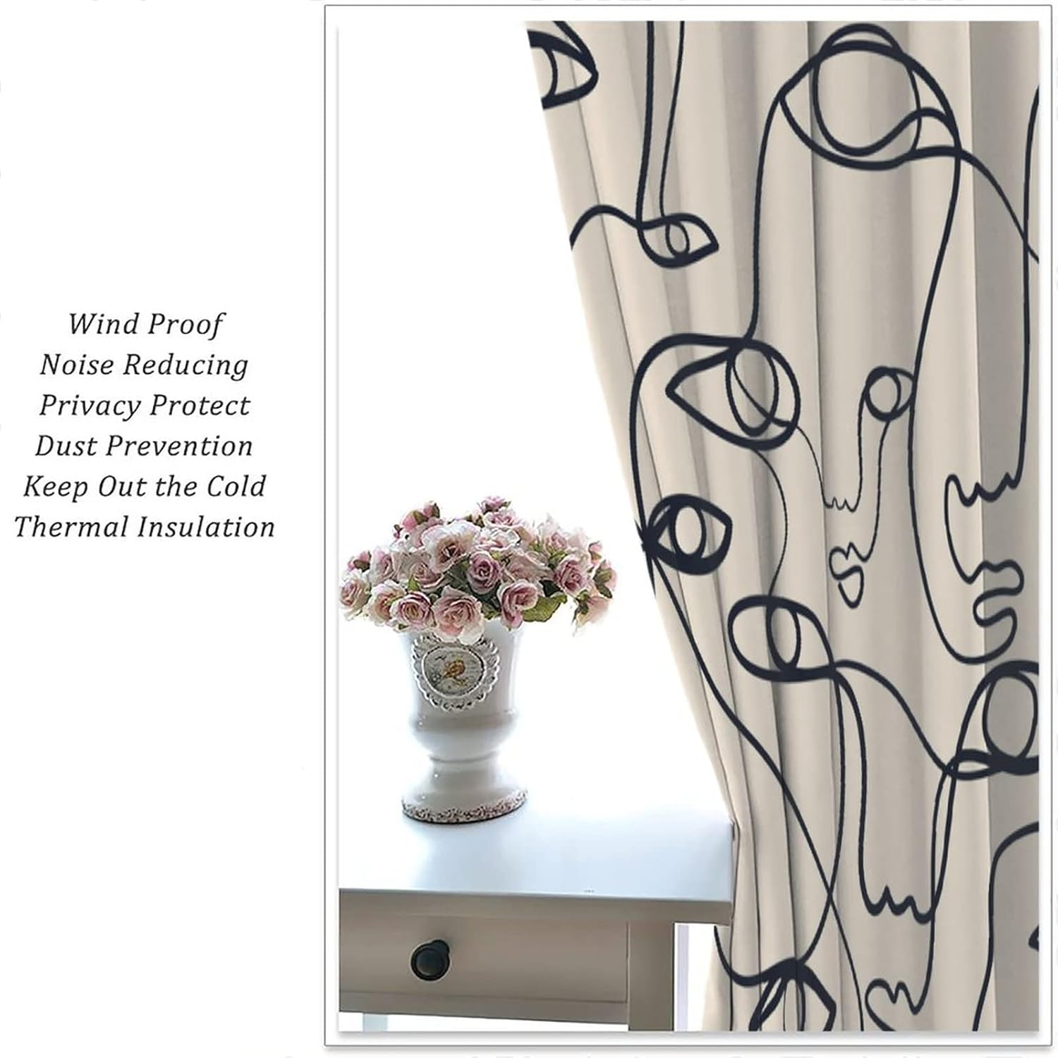 Human Faces Curtains Modern Mid Century Minimalist Aesthetic Boho Beige Simple Line Art Female Portrait Fashion Window Drapes for Living Bedroom 42x45 Inch