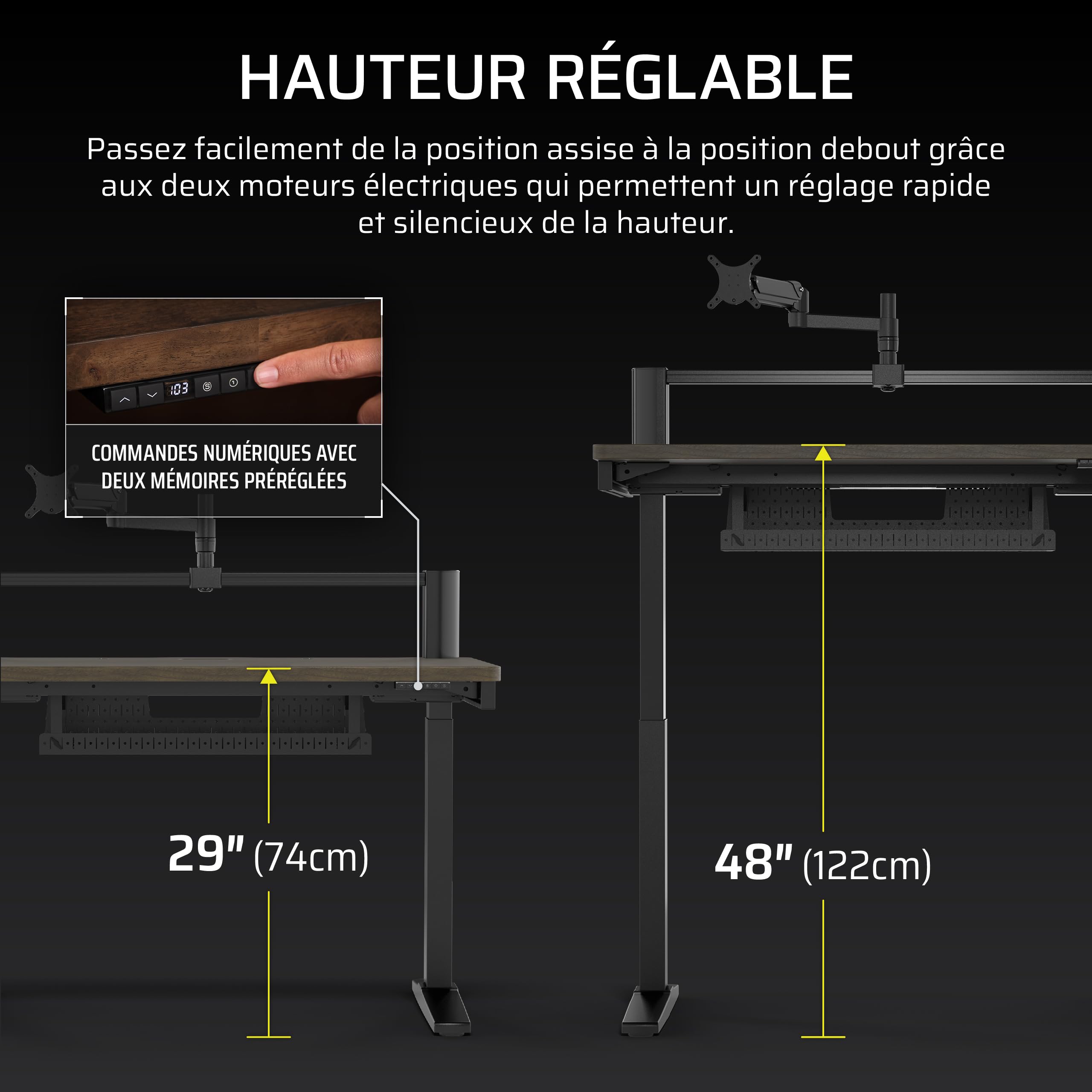 CORSAIR Platform:4 Elevate – 120 cm x 76 cm, Hauteur Réglable, Bureau d'ordinateur Électrique Debout Home Office Gaming Desk, Bras d’écran Inclus – Teinture de Noyer Foncé
