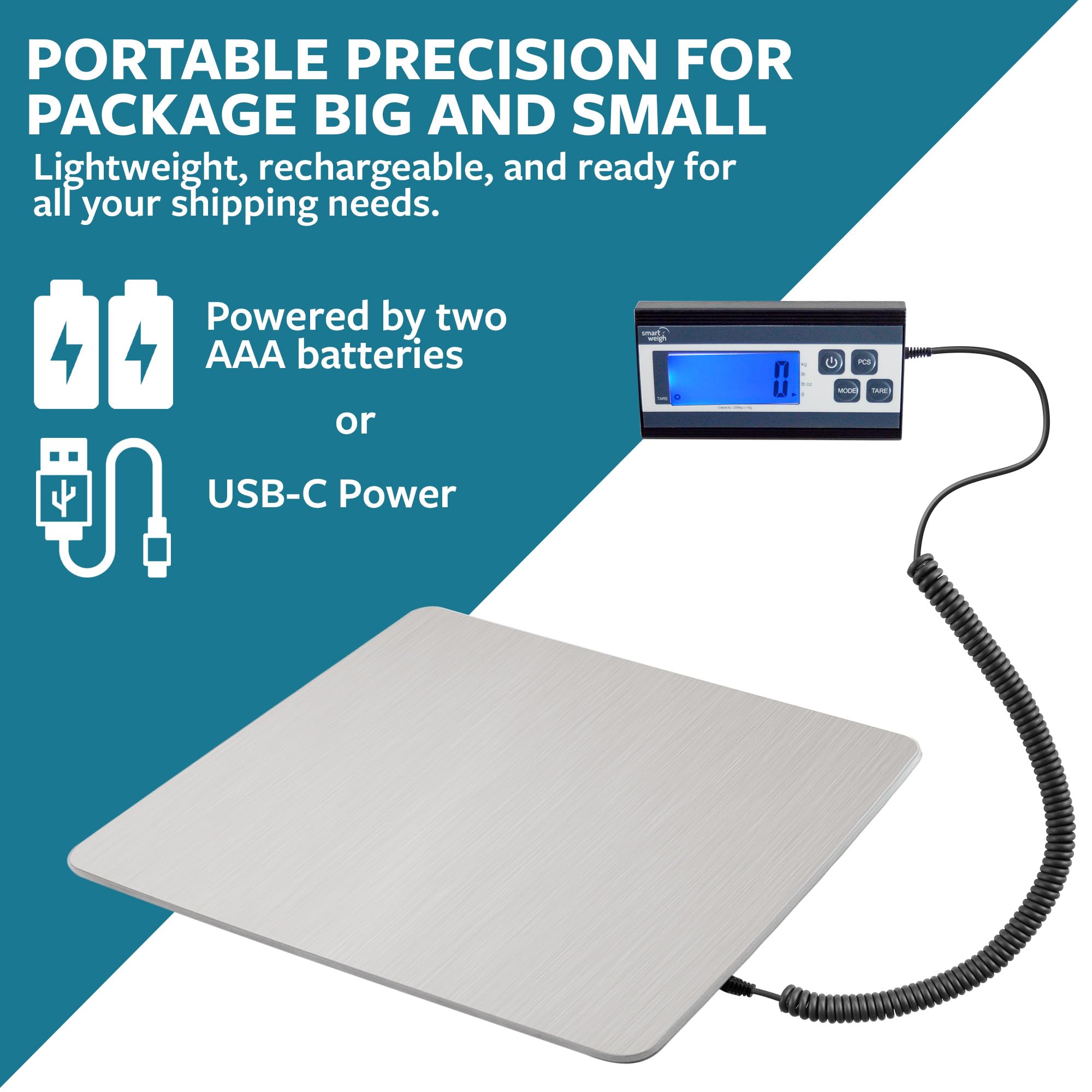 Smart Weigh Pèse-personne numérique robuste pour colis avec grande plate-forme en acier inoxydable durable, balance postale et bagage 200 kg x 28,3 g