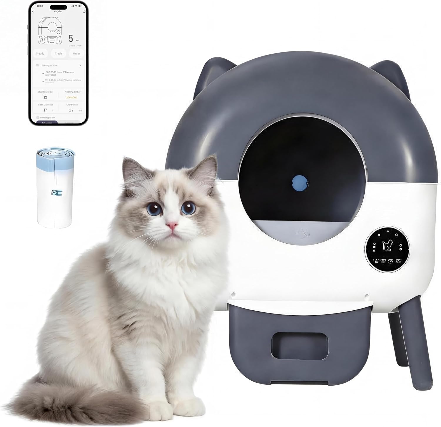 Self-Cleaning Cat Litter Box with Large Capacity and Automatic Cleaning, Smart Cat Litter Box with App Control, Automatic Litter Box Triple Safety Protection, 1 Rolls Garbage Bags