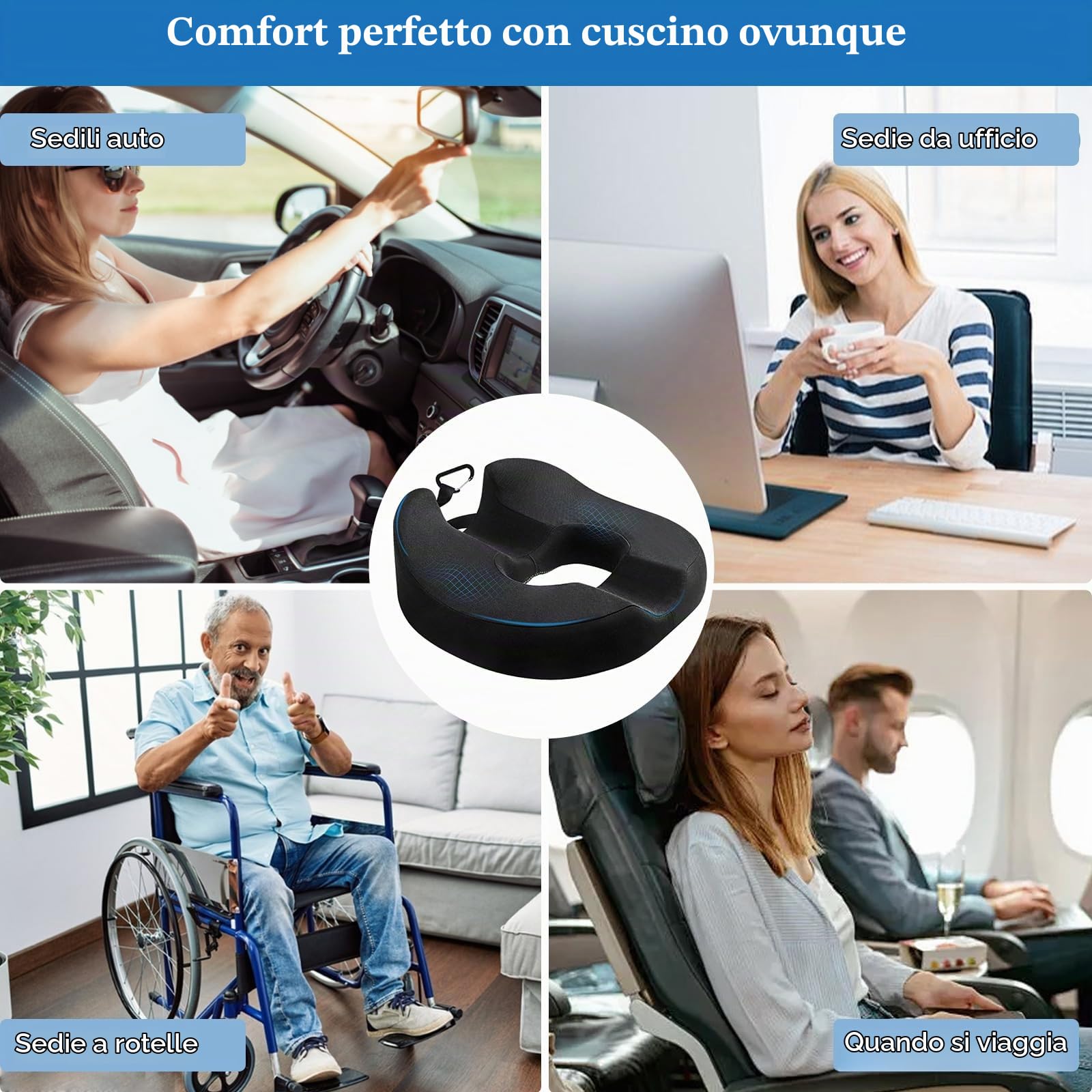Cuscino a Ciambella per Emorroidi e Coccige, Memory Foam | La forma a U, Rivestimento in Poliestere Traspirante, Per Ufficio e Auto, Fodera Lavabile in Cotone, Nero, 38x45cm