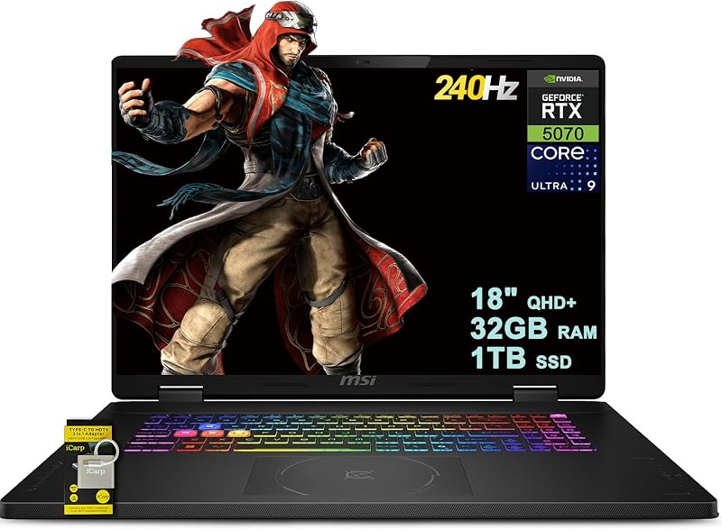 Crosshair 18 HX AI Gaming Laptop 18" QHD+ 240Hz (100% DCI-P3) Intel 24-core Ultra 9 275HX (> i9-14900HX) 32GB DDR5 1TB SSD GeForce RTX 5070 (hasta 798 AI TOPS) RGB Backlit Thunderbolt Win11 ICP Hub