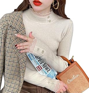 [Lalapala] リブニット セーター レディース 秋冬 フリル ハイネック トップス 重ね着 着回し 着痩せ 小顔 無地 高伸縮 柔らか カットソー ニットソー インナー きれいめ 大人可愛い 長袖 韓国 カジュアル 秋 冬