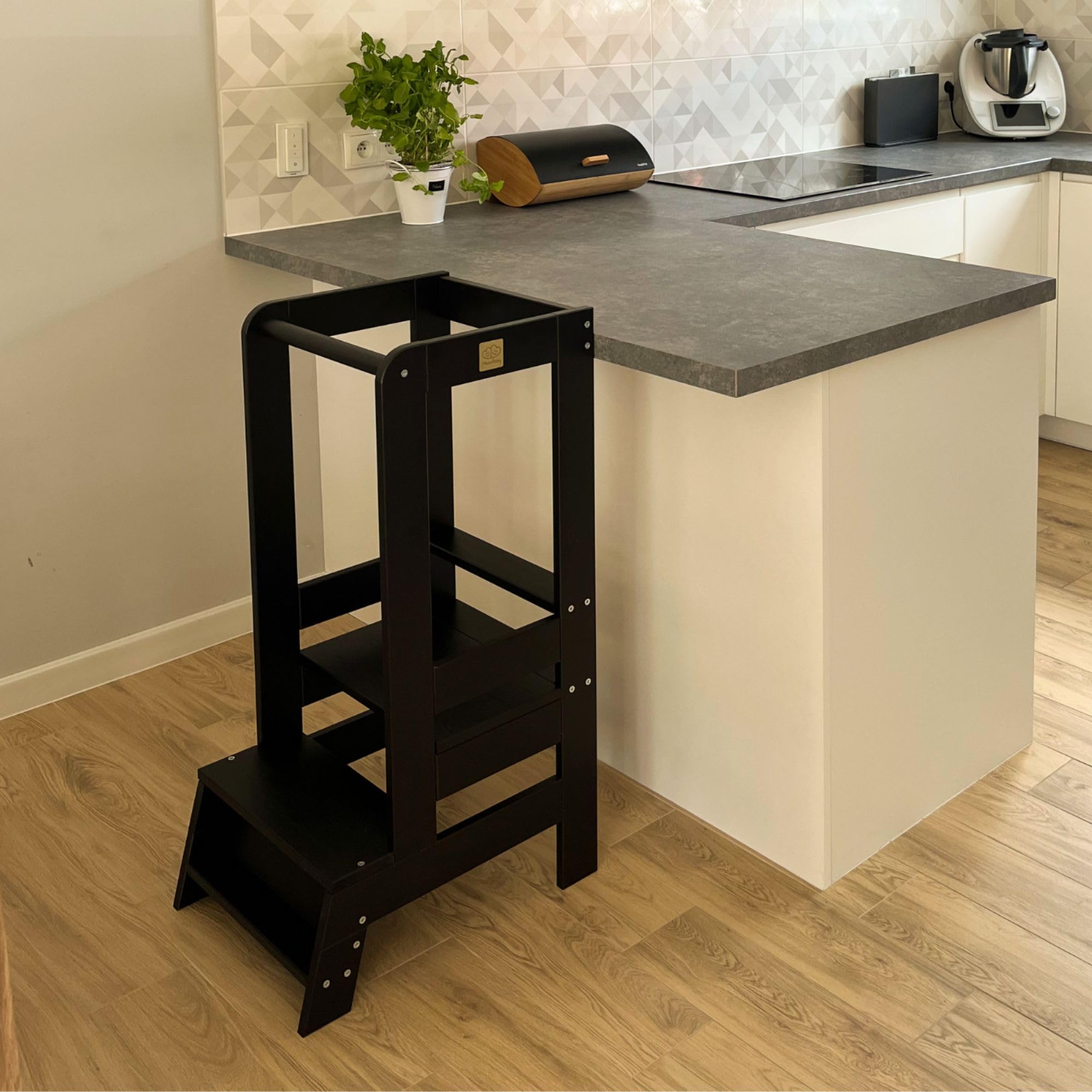 MEOWBABY Lernturm – Höhenverstellbarer Montessori Learning Tower für Kinder – Lernturm ab 1 Jahr – Sicherer Kinder Tritthocker – Holz Küchenhelfer für Küche & Alltag, Schwarz