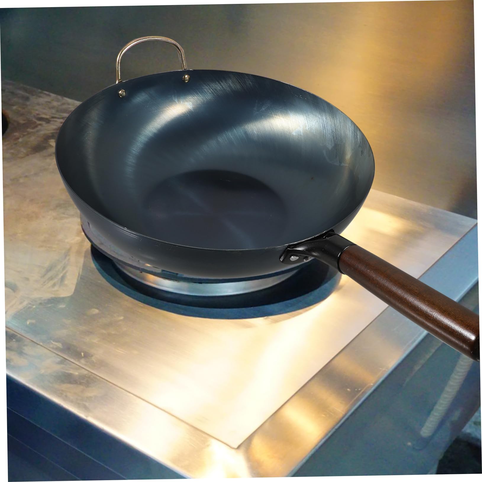 Ciieeo Sartén Wok Chino de Hierro Fondo Plano y Mango de Madera, Superficie Lisa Multifuncional Adecuado para Barbacoa y Cocina Tradicional