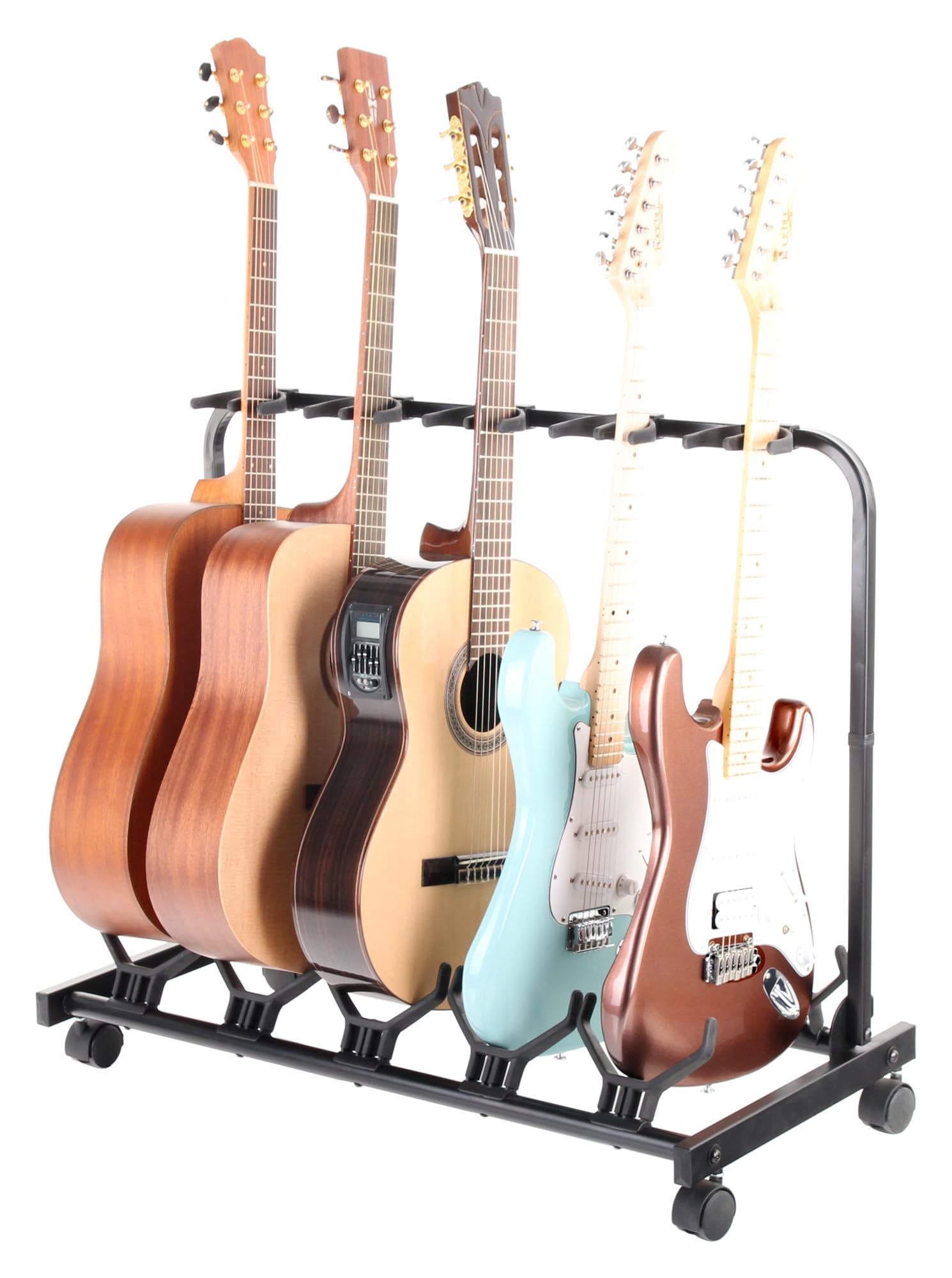 ROCKTILE Soporte Multistand 5 Guitarras con Ruedas para E/A-Guitarra | Compatible con E-Guitarra, guitarra acústica, bajo eléctrico, bajo acústico, etc., 4 ruedas móviles, 2 ruedas bloqueables