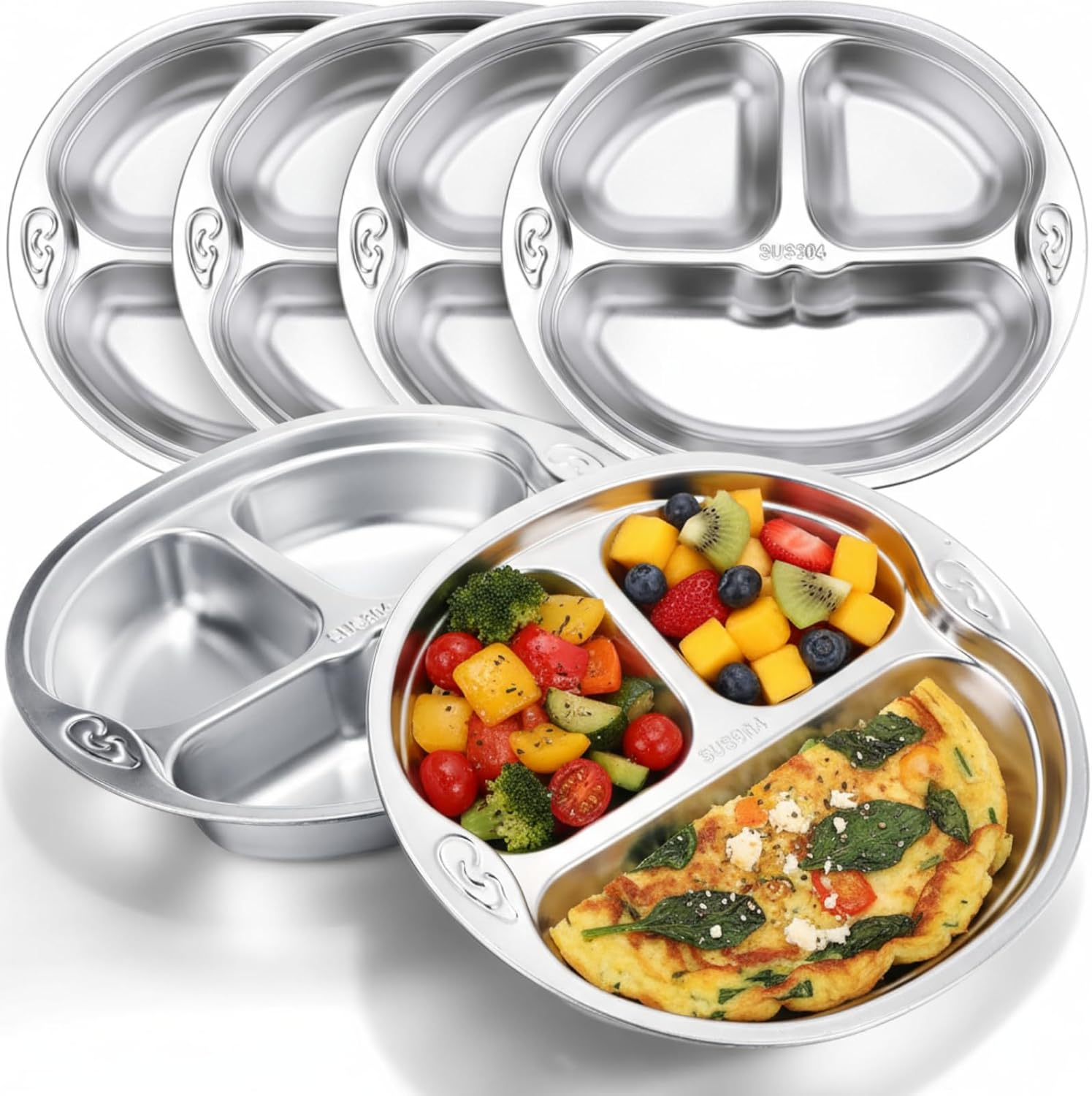 Tioncy 6 Pack 304 Stainless Steel Kids Plates, 3 Sections Divided Toddler Plates, Bpa Free Unbreakable Dinner Trays, Cute Monkey Shape Plate for Babies Kids Lunch Portion Control Camping