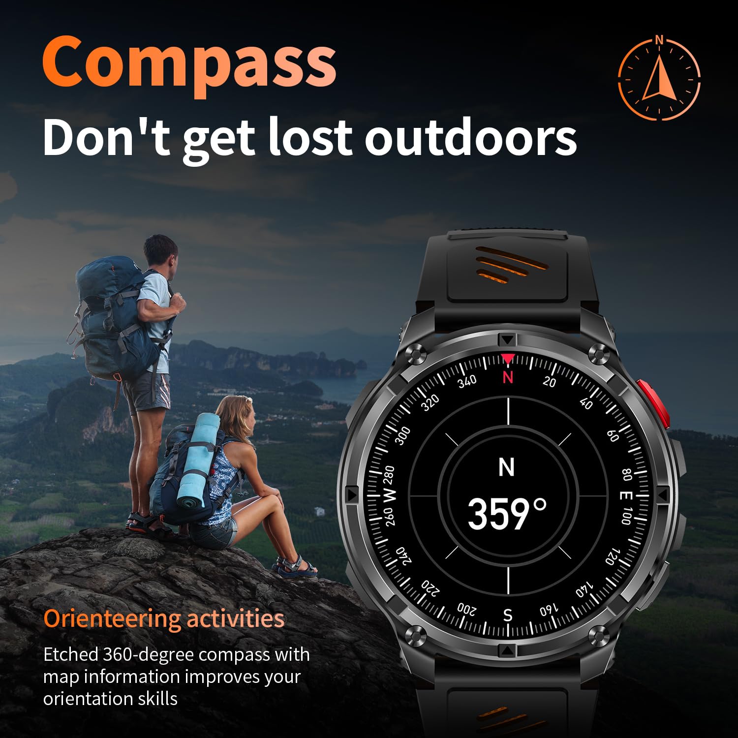 Mens Smart Watch for Android Phones and iPhone,Military Sport Smart Watches for Men Fitness Tracker Watch with Flashlight/Compass/Waterproof/100 Days Battery/Heart Rate/Sleep/100+ Sport Modes