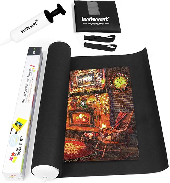 Lavievert Jigsaw Puzzle Roll Mat Puzzle Storage Saver Black Felt Mat, Long Box Package, No Folded Creases, Jigroll Up To 1,500 Pieces - Comes with A Drawstring Opening Design Bag and A White Mini Hand
