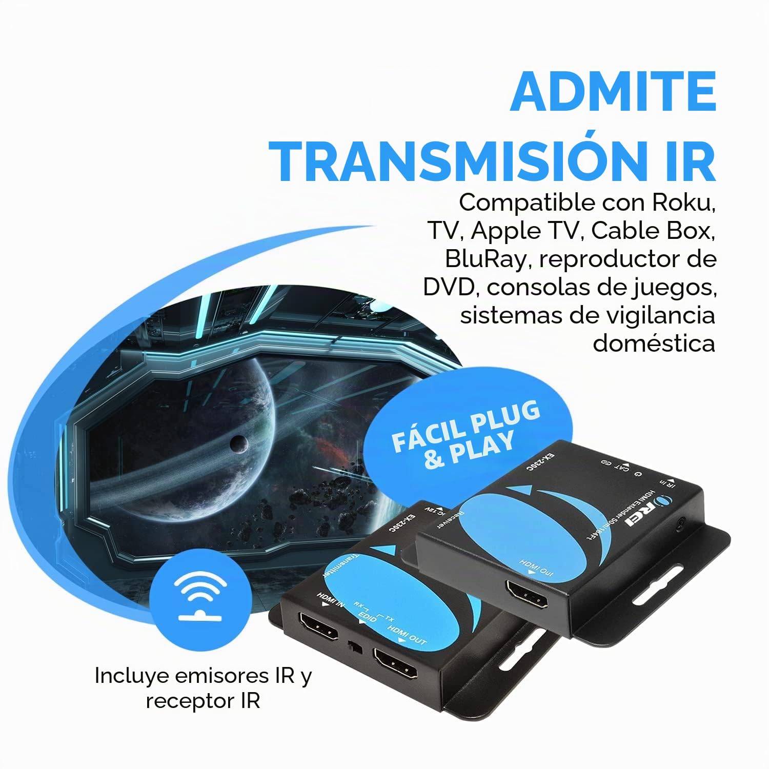 OREI Extensor HDMI 4K a través de Ethernet CAT6/CAT7, Extensor RJ45 4K a 30Hz hasta 130 pies 1080P hasta 230 pies Full HD POC transmisor y Receptor IR Loop out (EX-230C)