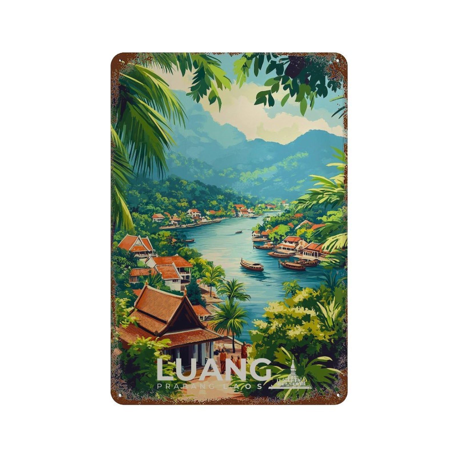 xiaoxiaoshen Luang Prabang Laos Travel Buddhist Temple Wall Decor Art Metal Tin Poster Modern Home Decor Art Home Bar Shop Decorations Vintage Sign 30x20cm