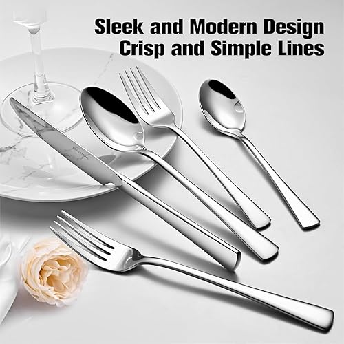 Miniatura 10 de KINGSTONE Juego de cubiertos de acero inoxidable 1810 forjado de 40 piezas, acabado espejo, apto para lavavajillas, para el hogar, restaurante,