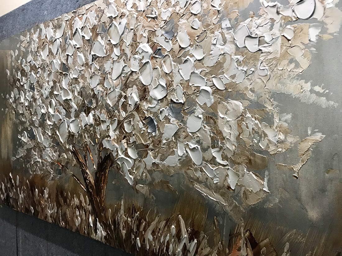 Boiee Art,24x48Inch Textured Hand Painted Canvas Paintings Silver Leaf Abstract Tree 3D Oil Paintings Landscape Artwork Modern Home Decor Wall Art Wood Inside Framed Hanging Wall Décor