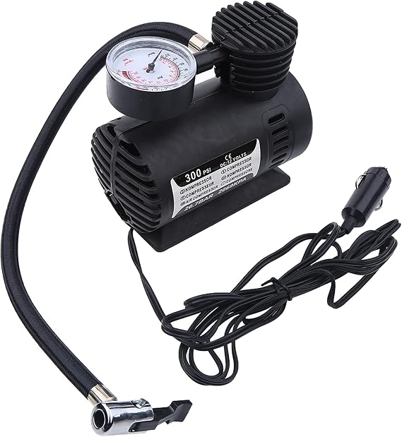 Portable Mini Air Compressor, 12V Electric Tire Inflator Pump, 300 PSI Pressure Gauge, for Car, Bike, Motorcycle, and More