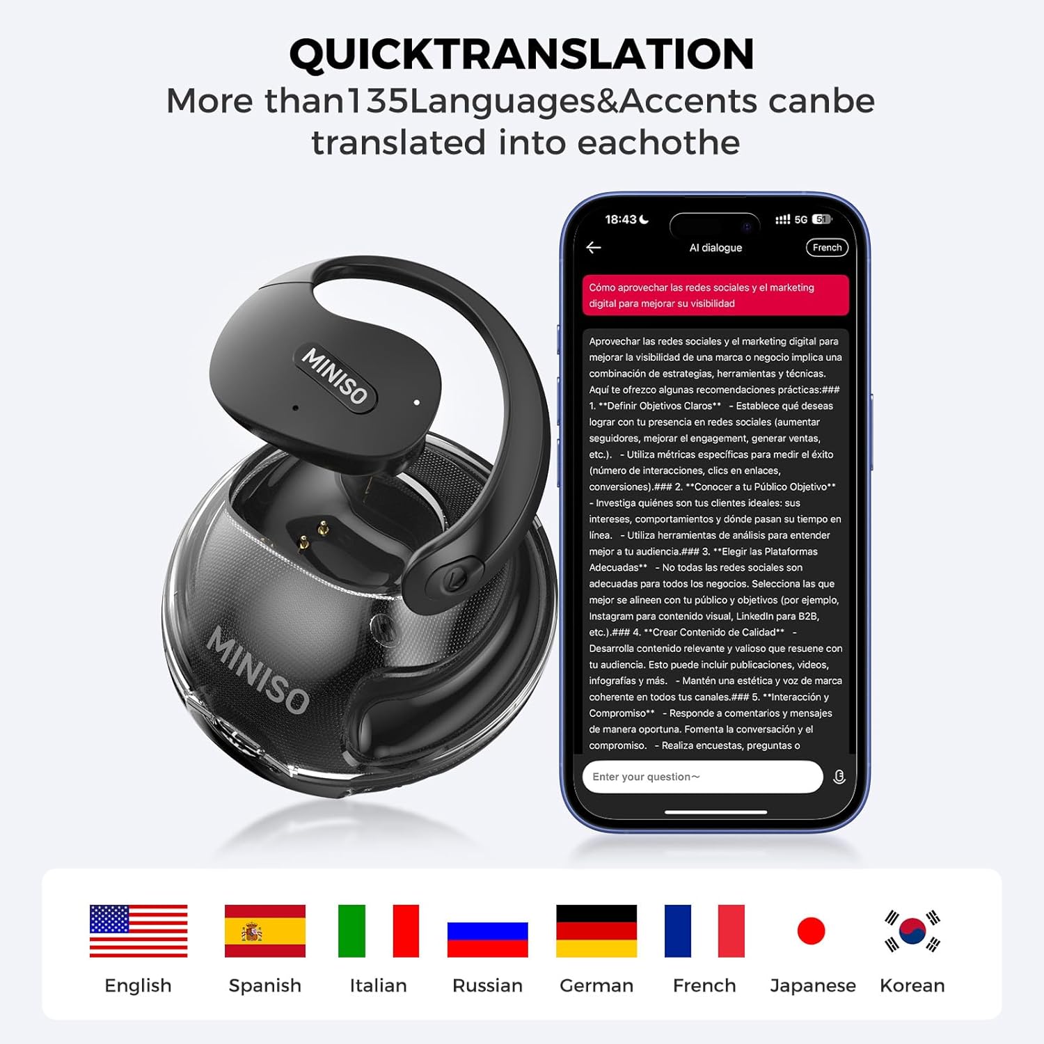 MINISO X15 PRO Translation Earbuds Open Ear Headphone Bluetooth 5.4 OWS AI Headphones Support 148 Languages Wireless Ear Buds with Earhooks IPX5 Waterproof Bluetooth Black(with AI) - Image 2