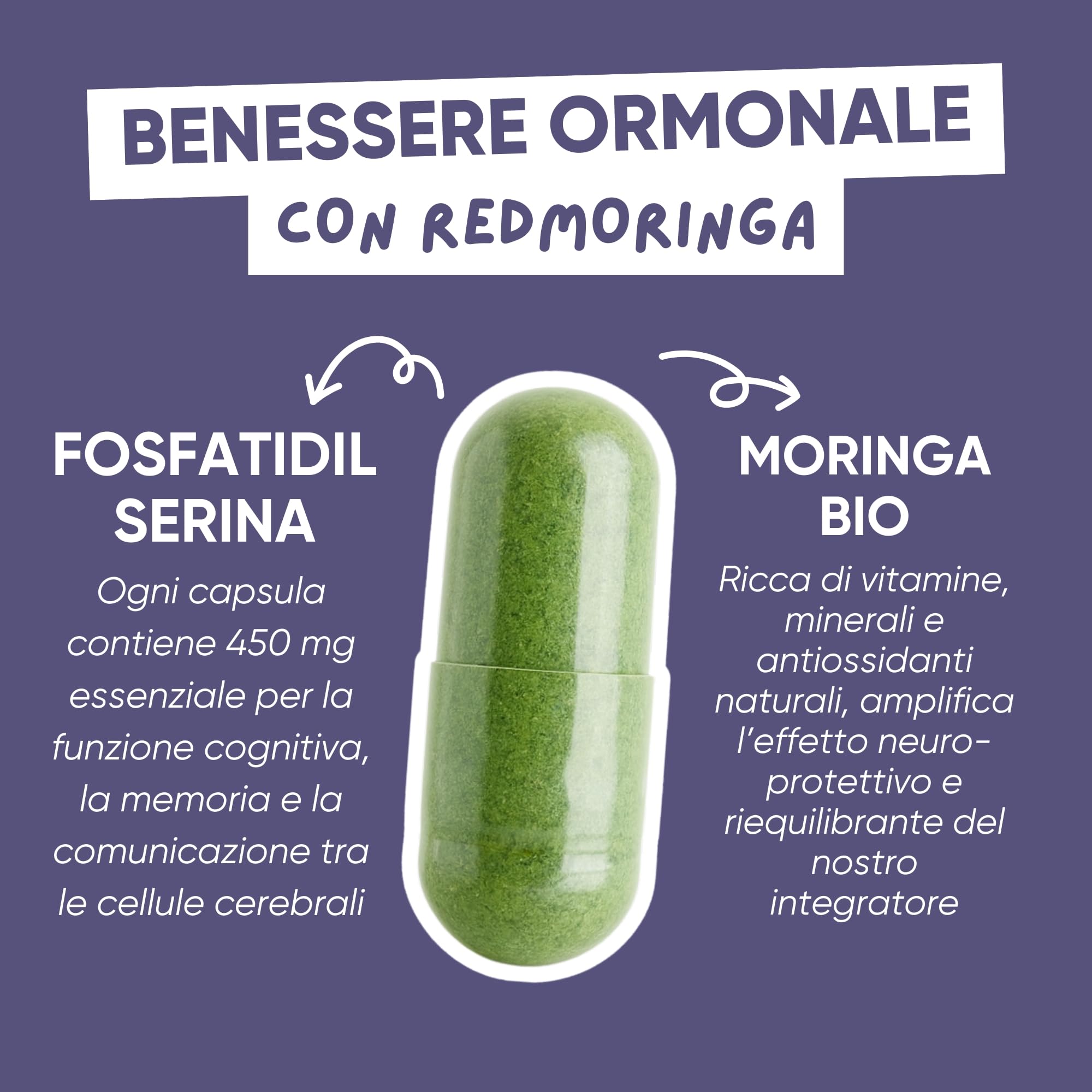Fosfatidilserina 450mg potenziata con Moringa | Abbassa CORTISOLO, Utile per Stress, Metabolismo, Memoria e Concentrazione | Integratore Alimentare | 180 Capsule Naturali Made in Italy | RedMoringa