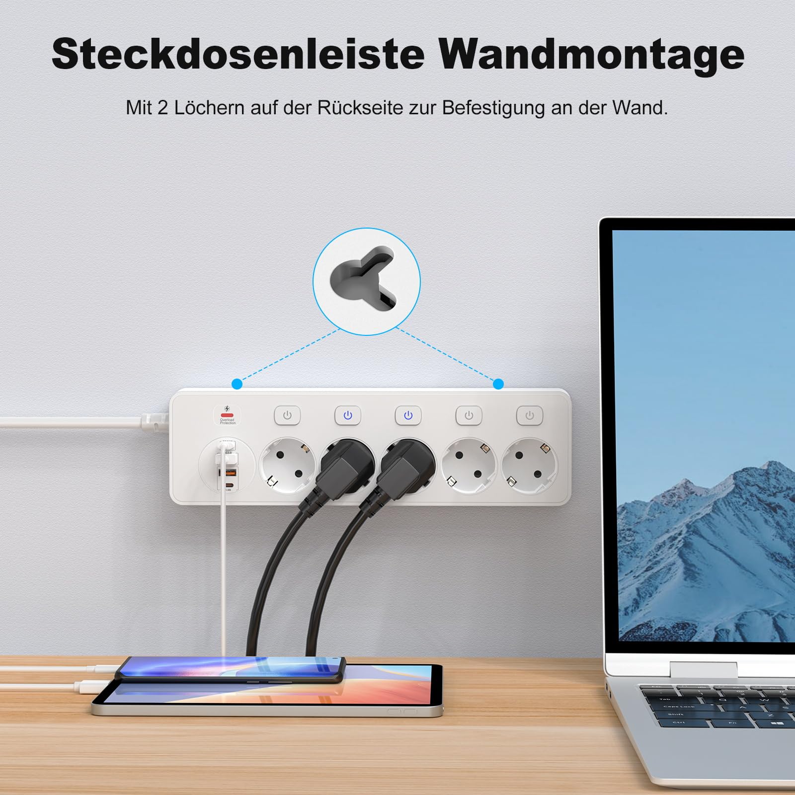 Listwa zasilająca z 5 gniazdami, indywidualnie przełączana, z 2 gniazdami USB A i 2 USB C, 5 gniazd z przełącznikiem, listwa zasilająca, montaż ścienny, z kablem przedłużającym 2 m, PD 20 W, biała
