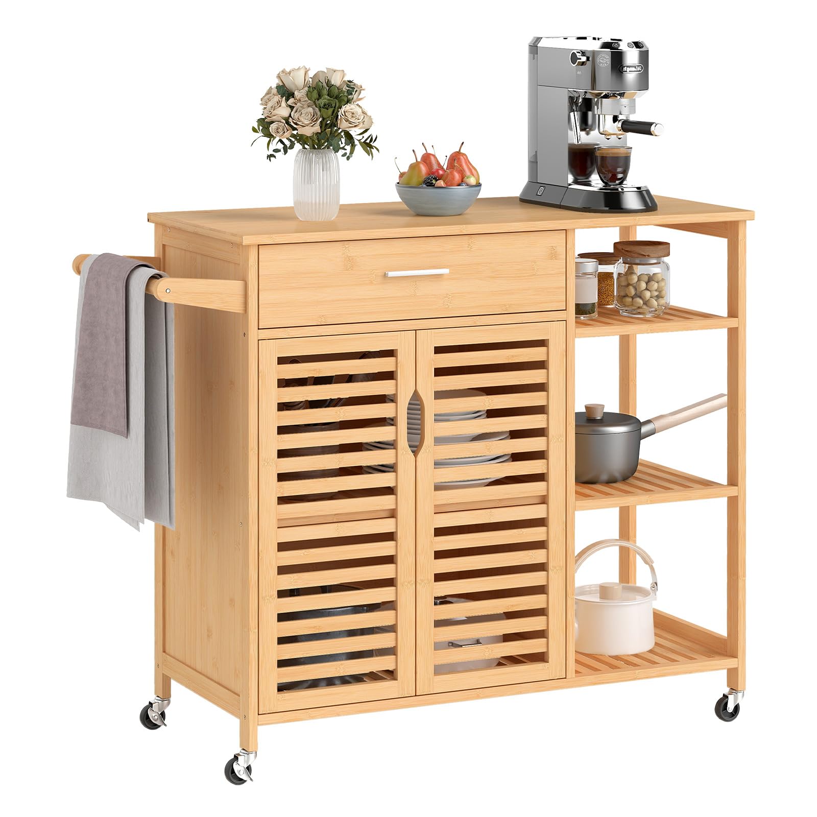GIANTEX Chariot de cuisine sur roulettes, armoire de cuisine en bambou avec tiroir et portes à lattes, îlot de cuisine mobile, chariot de service avec étagères ouvertes et porte-serviettes, chariot de