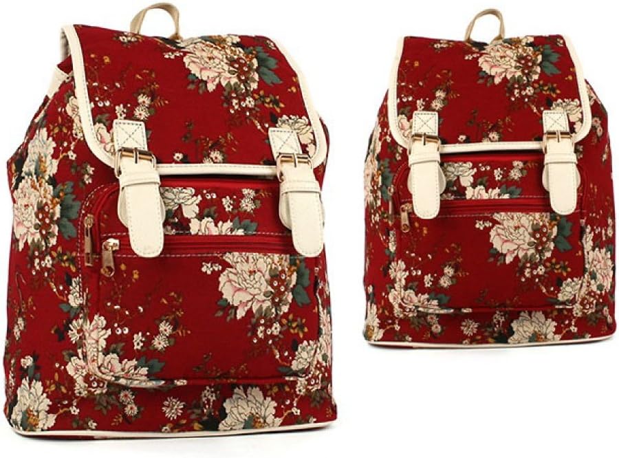 Vintage Floral Flap Backpack Flower Printed Rucksack (red)