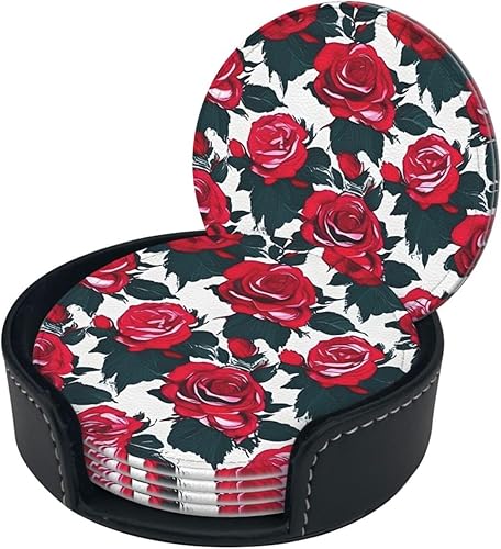 Miniatura 2 de Rose Flower Floral Picture Leather Coasters for Drinks Set of 6 for Tabletop Protection, Elegant Home Decor & Housewarming Gift