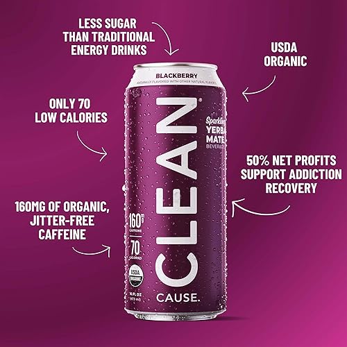 Miniatura 9 de Gaseosa de yerba mate de frambuesa orgánica baja en calorías y azúcar 160 mg de cafeína latas de 16 onzas paquete de 12 unidades  CLEAN Cause  El 50