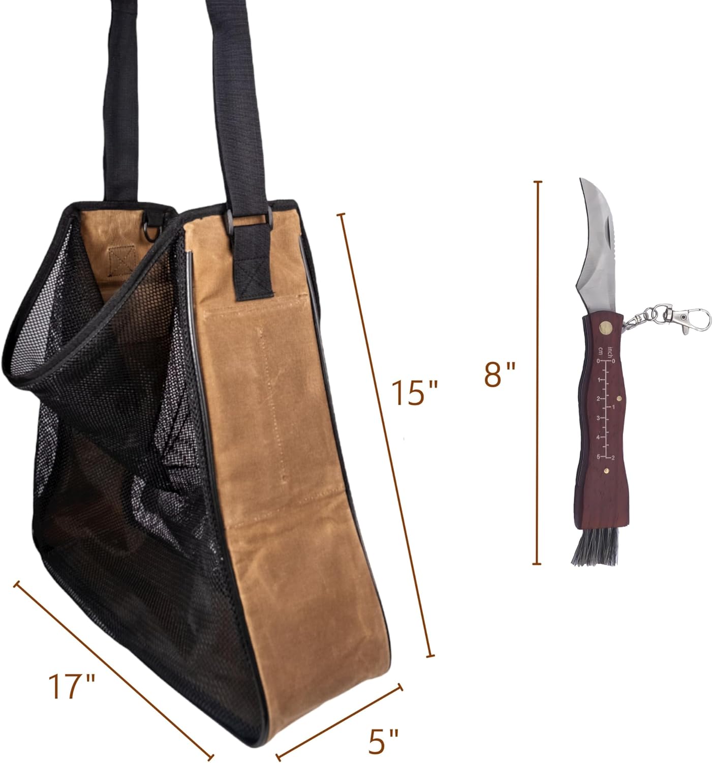 Earth Biome Large Waxed Canvas and Mesh Mushroom Foraging Kit with Pockets | Fruit Picking Bag for harvesting fruit and vegetables | Farmers Market Bag (Carob with Redwood Knife) - Image 2
