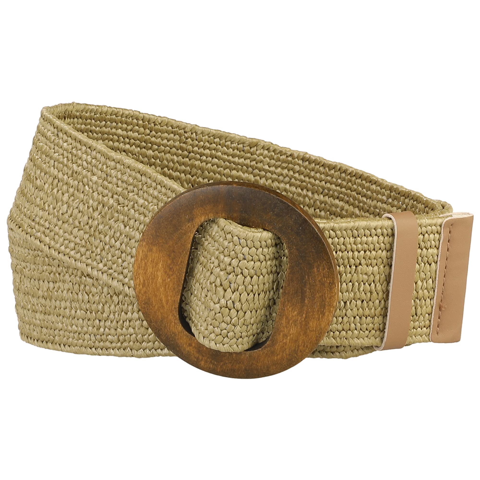 Elerevyo Womens Woven Stretch Belts, Straw Rattan Wooden Buckle Elastic Wide Waistband Waist Belt for Dress Khaki 60-85cm/23.62-33.46"