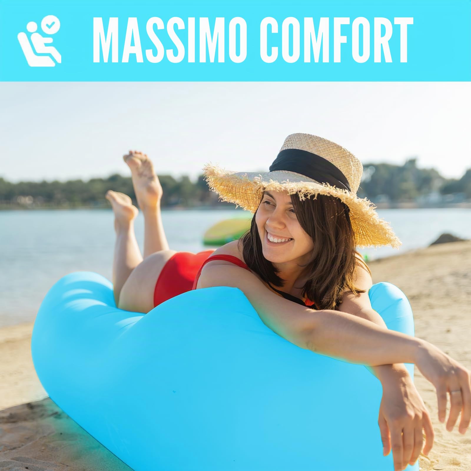Divano Lettino da Spiaggia Gonfiabile, 200 * 70cm Sedia Gonfiabile Spiaggia, Sdraio Gonfiabile ad Aria, Poltrona Gonfiabile da Esterno, per Campeggio, Feste in Piscina (Blu cielo)