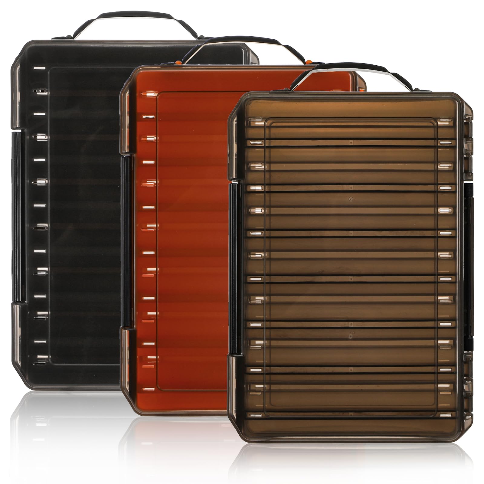 3 Pack Double Sided Fishing Lure Boxes, 14 Compartments Fishing Tackle Organizer with 2 Buckle, Plastic Clear Storage Case, Visible Hard Bait Container for Jewelry Beads Earring Hook(3 Color)