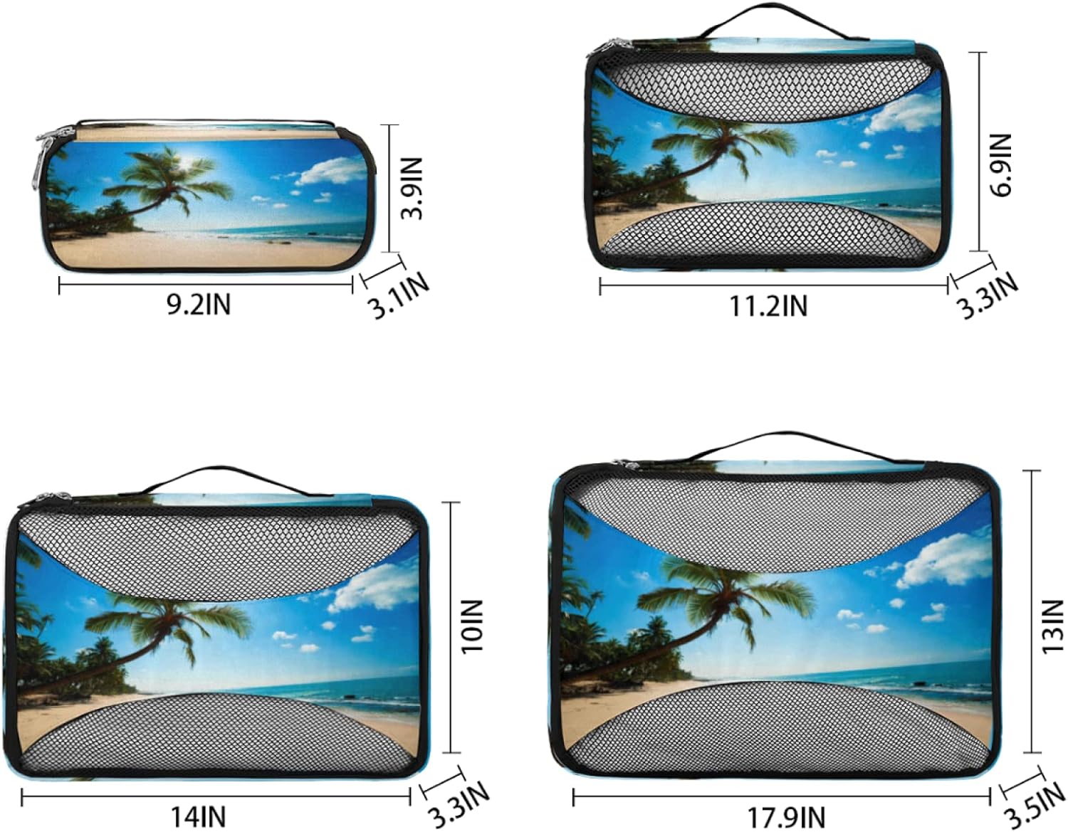 Hawaii Beach Travel Packing Cubes 4 Set, Beach Palm Tree Luggage Packing Organizers Storage Mesh Bags for Travel Accessories