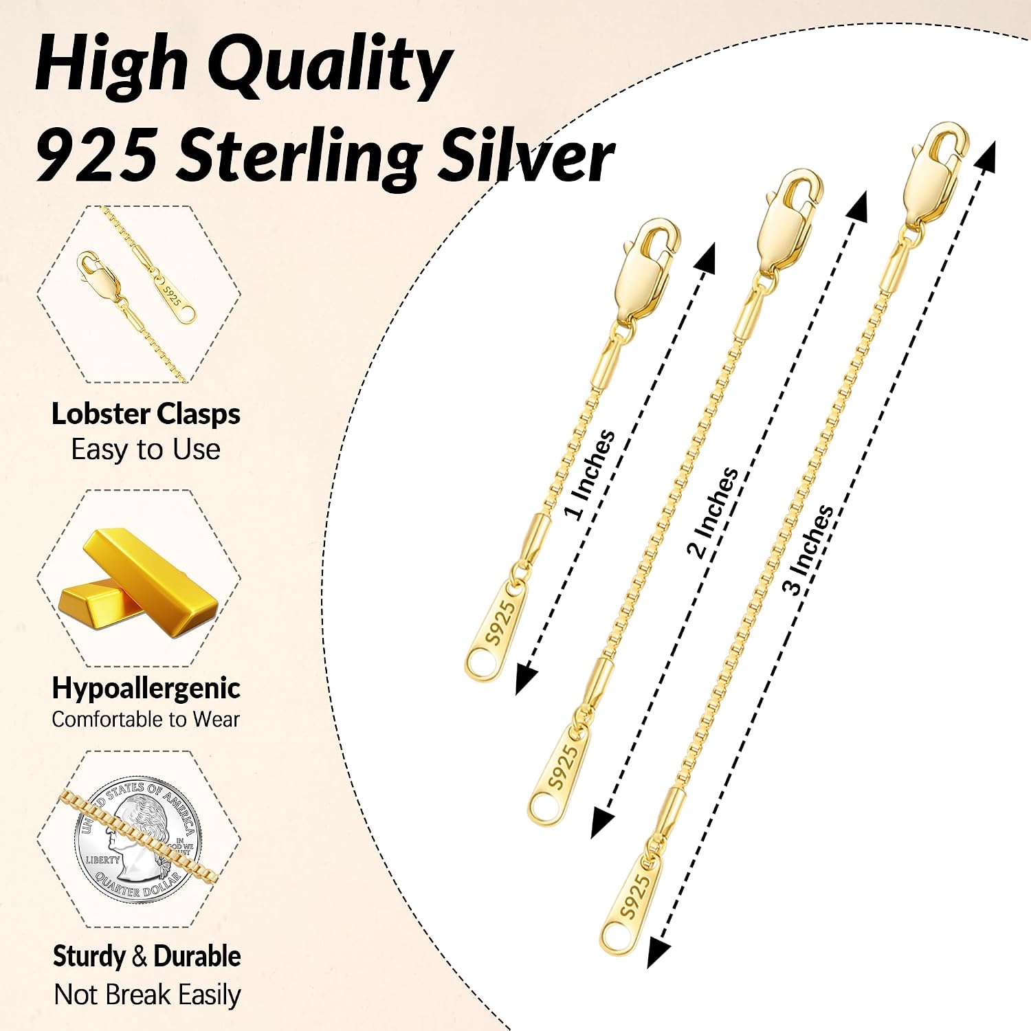 Jewlpire 14k Gold Plated Necklace Extender for Women, Box Chain Extenders for Necklaces, Jewelry Extenders for Necklaces Bracelets Anklets 3 Piece (1", 2", 3")