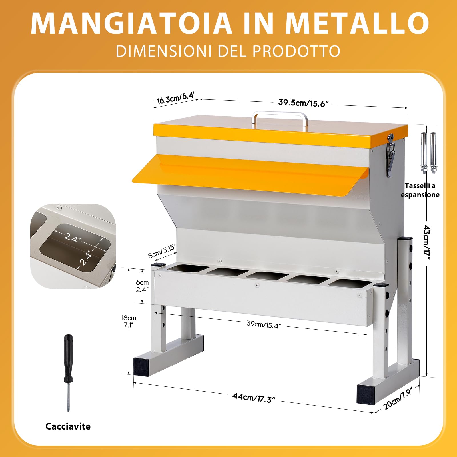 Mangiatoia automatica per polli in metallo, 16 l, con 5 aperture per mangime, distributore automatico | Gravità, mangiatoia per pollame, da appendere, per pollame, anatre, accessori per pollaio